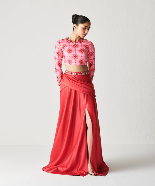 GODDESS RED DRAPED LEHENGA