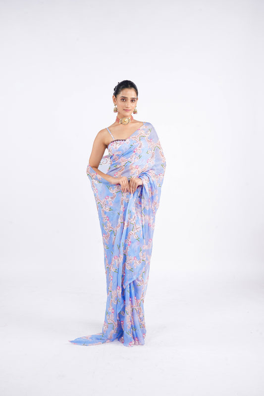 Sweet Wrap Saree Paired With Icy Queen Blouse – Albeli Luxe Designer Festive Wear Outfit