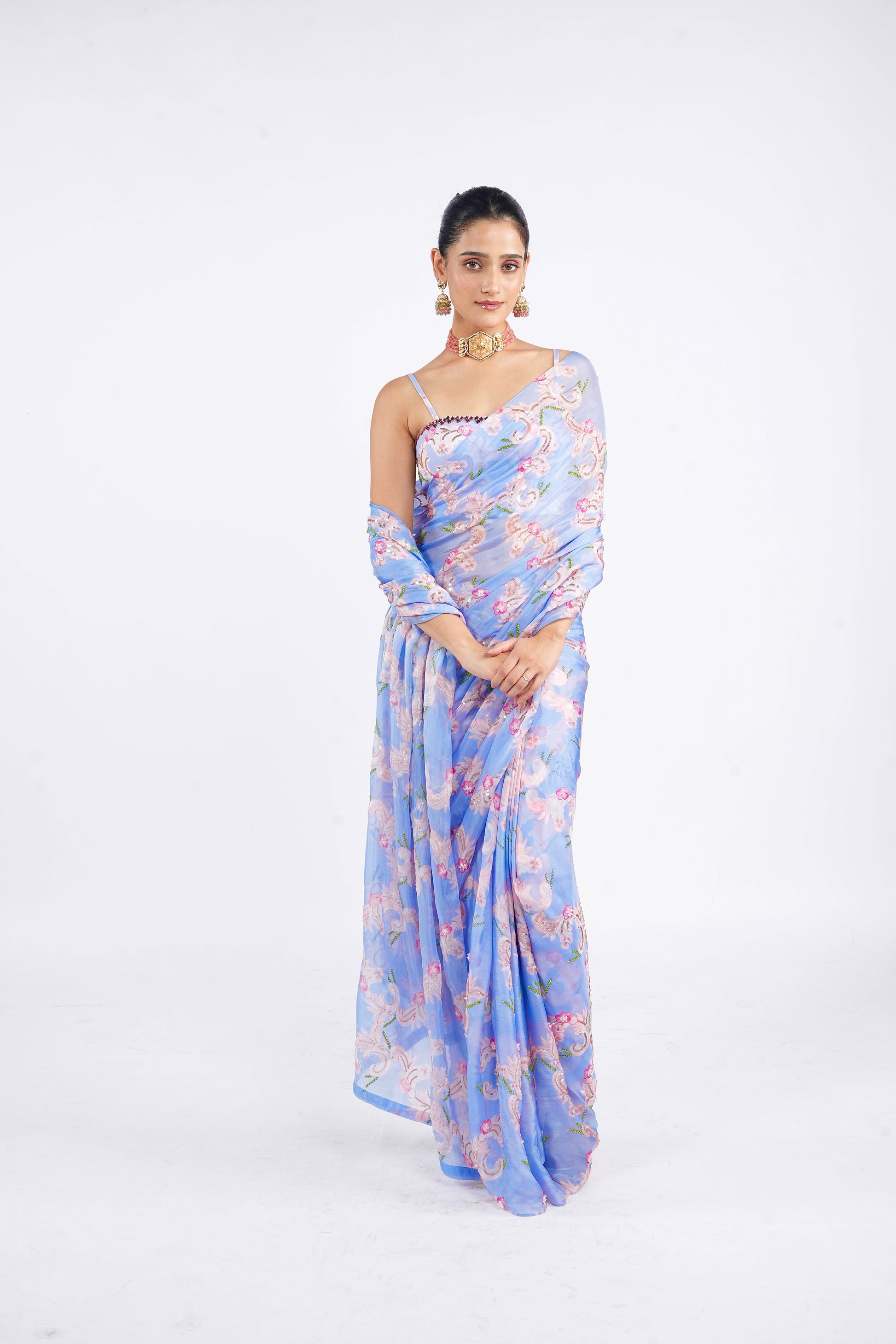Luxury Sweet Wrap Saree Paired With Icy Queen Blouse by Albeli Luxe for Women