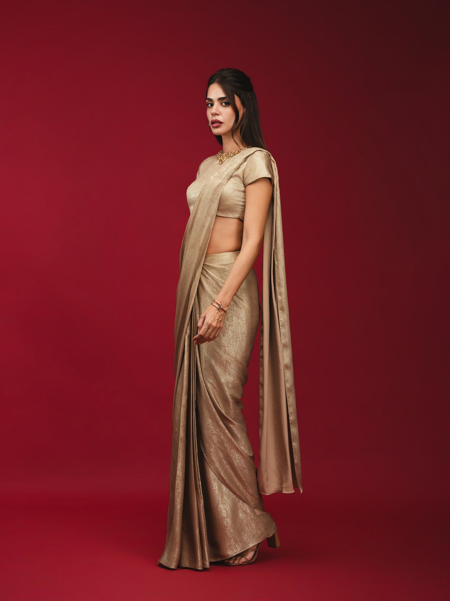 Gold Pre-Draped Saree with High-Neck Blouse