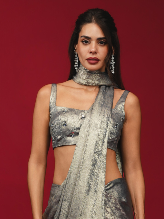 Midnight Blue Pre-Draped Saree with Hand-Embroidered Bralette (Only Blouse)