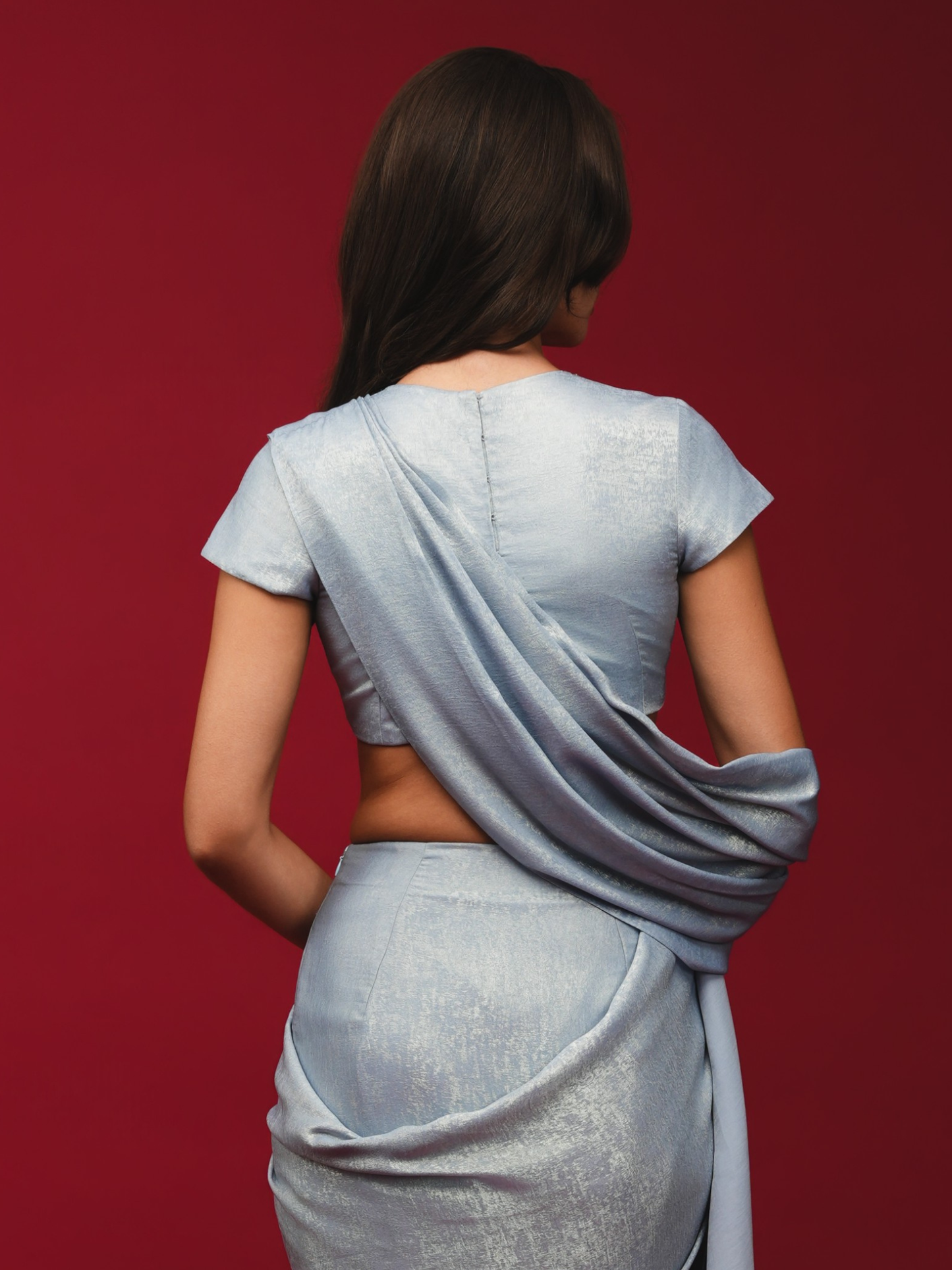 Ice Grey Pre-Draped Saree with High-Neck Blouse (Only blouse)