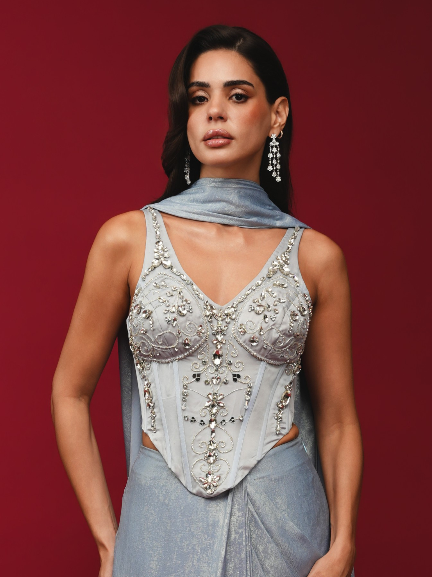 Ice Grey Pre-Draped Saree with Hand-Embroidered Corset (Blouse only)