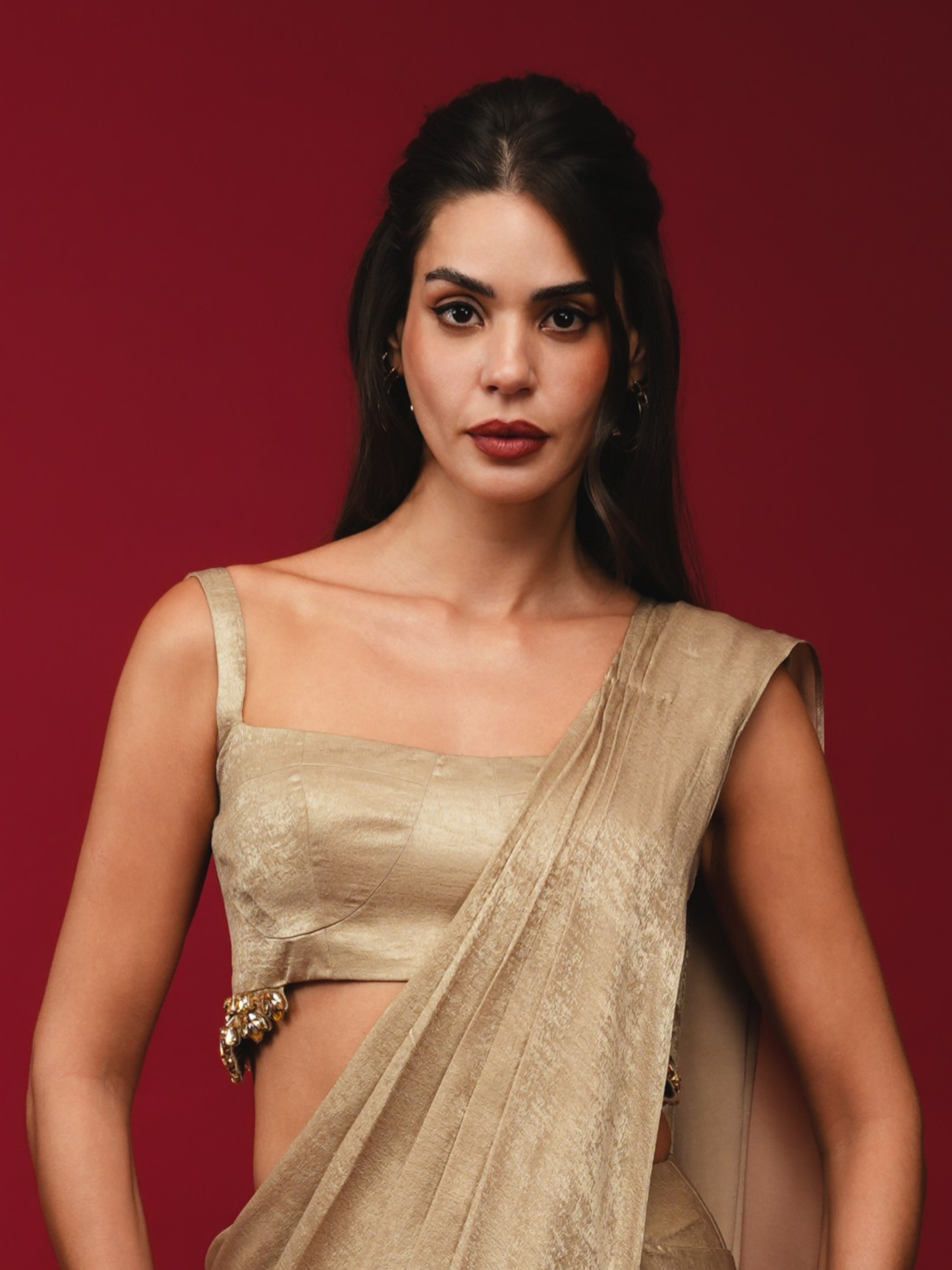 Gold Pre-Draped Saree with Embellished Bralette (Blouse only)
