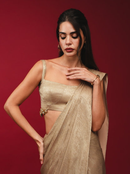 Gold Pre-Draped Saree with Embellished Bralette (Blouse only)