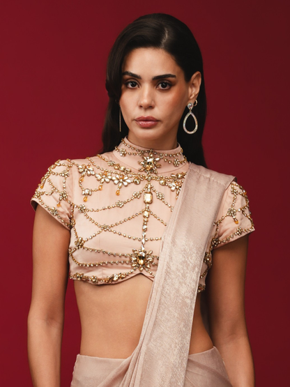 Peach Pre-Draped Saree with High-Neck Blouse (Blouse only)