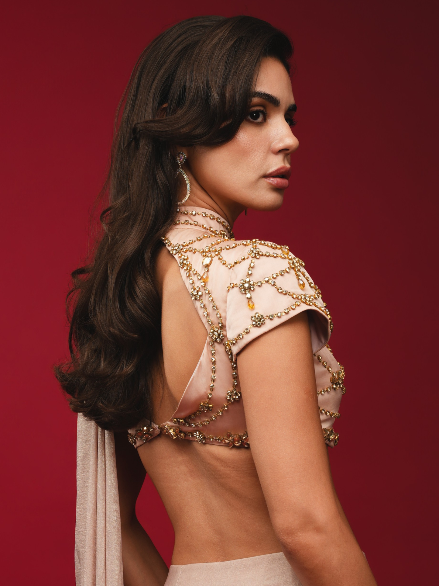 Peach Pre-Draped Saree with High-Neck Blouse (Blouse only)