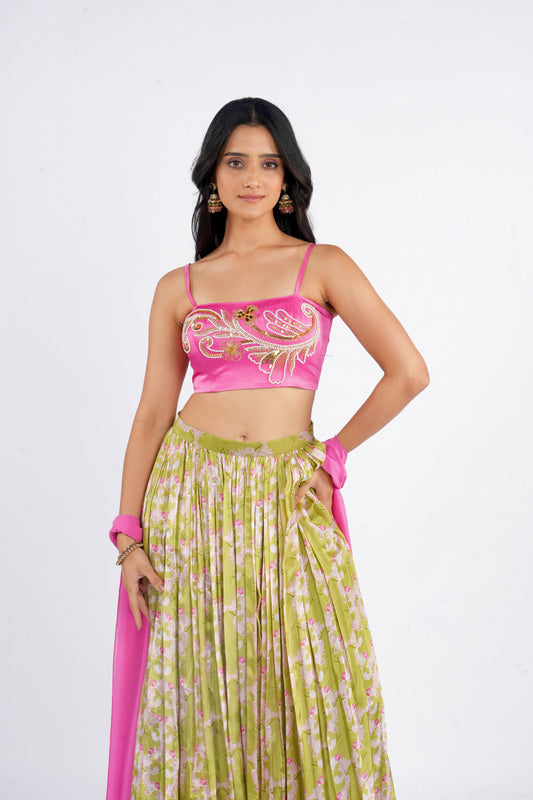 Peachy baroque lehenga with blush blouse