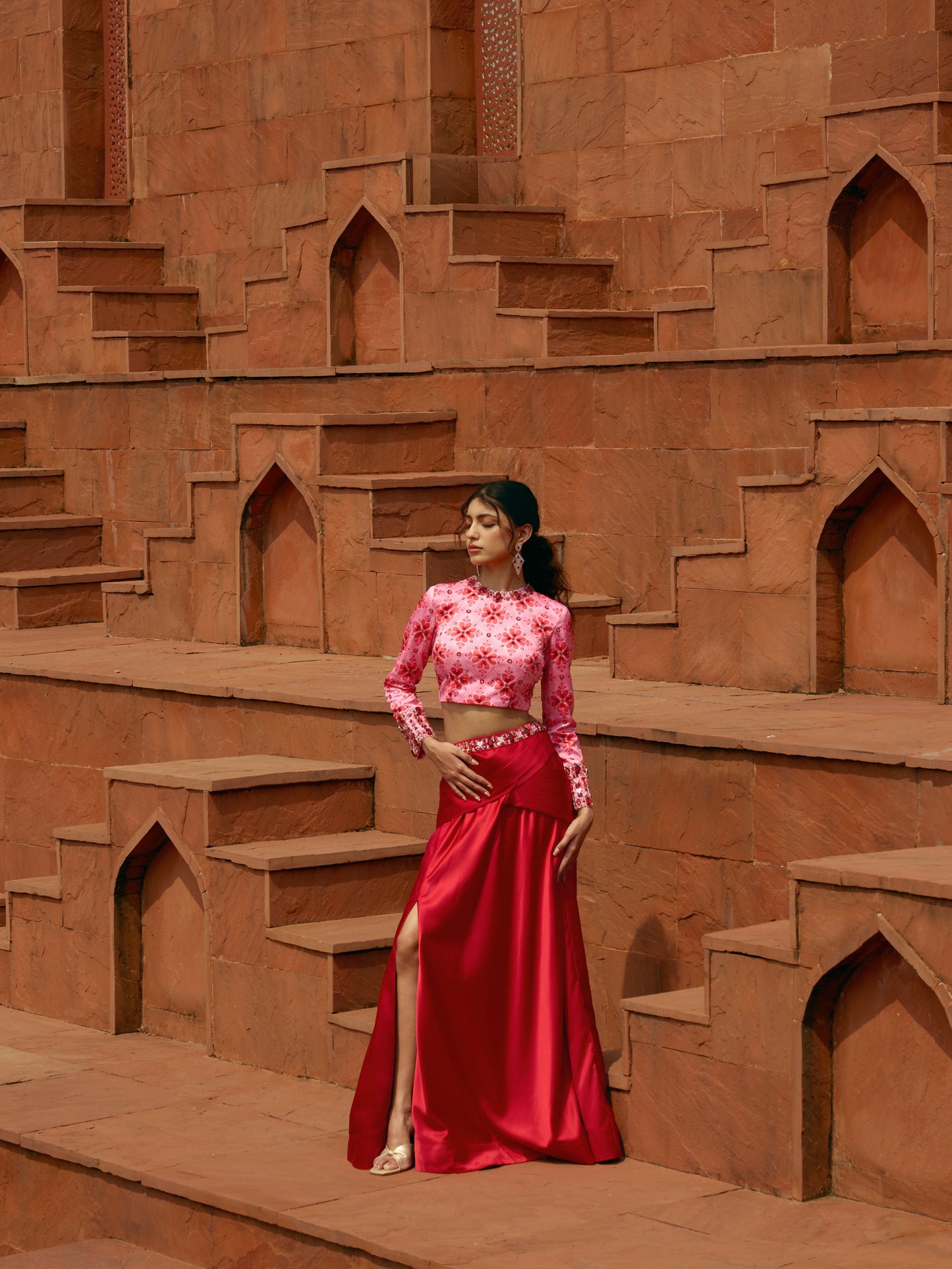 GODDESS RED DRAPED LEHENGA