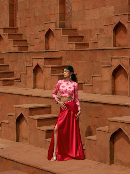 GODDESS RED DRAPED LEHENGA