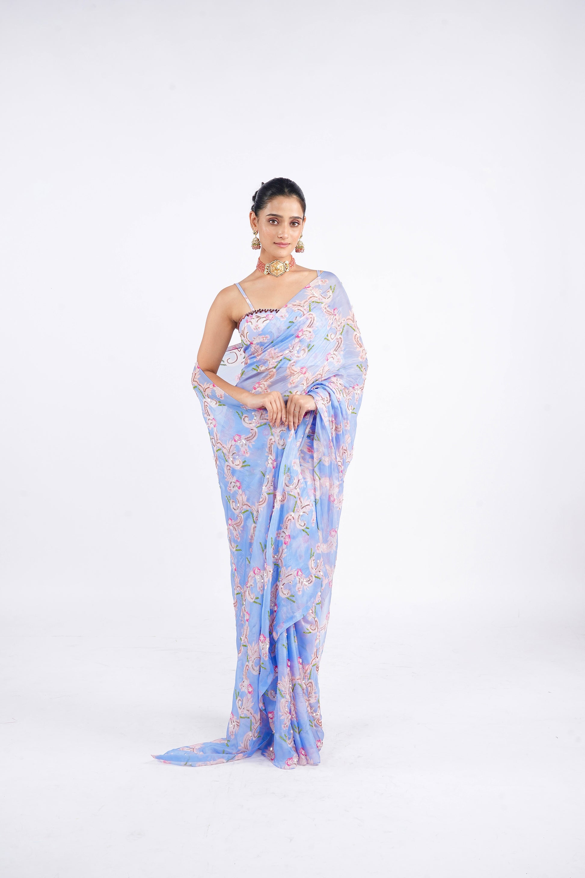 Sweet Wrap Saree Paired With Icy Queen Blouse – Albeli Luxe Designer Festive Wear Outfit