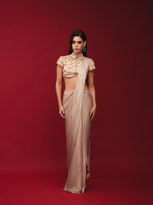 Peach Pre-Draped Saree with High-Neck Blouse
