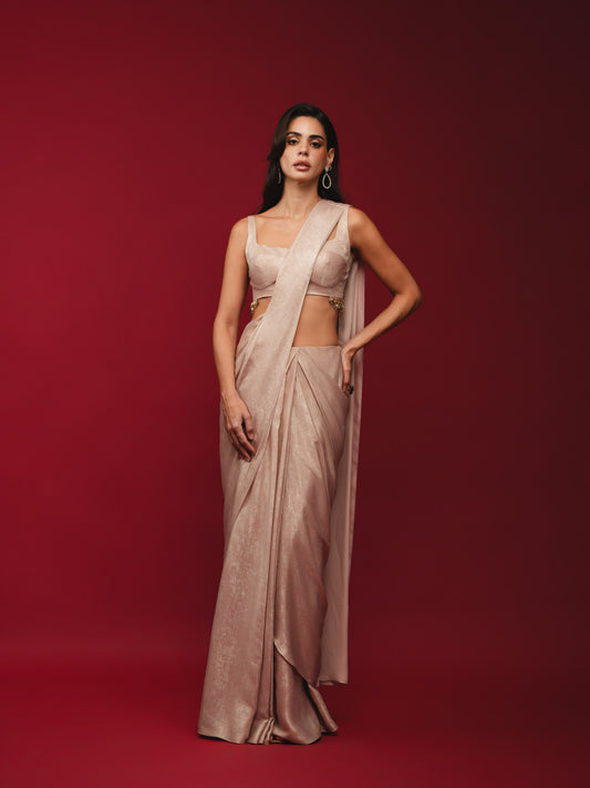 Peach Pre-Draped Saree with Embellished Bralette