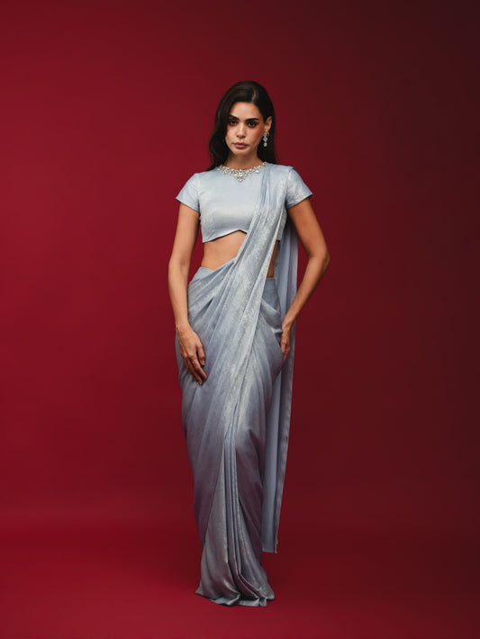 Ice Grey Pre-Draped Saree with High-Neck Blouse
