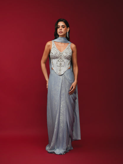 Ice Grey Pre-Draped Saree with Hand-Embroidered Corset