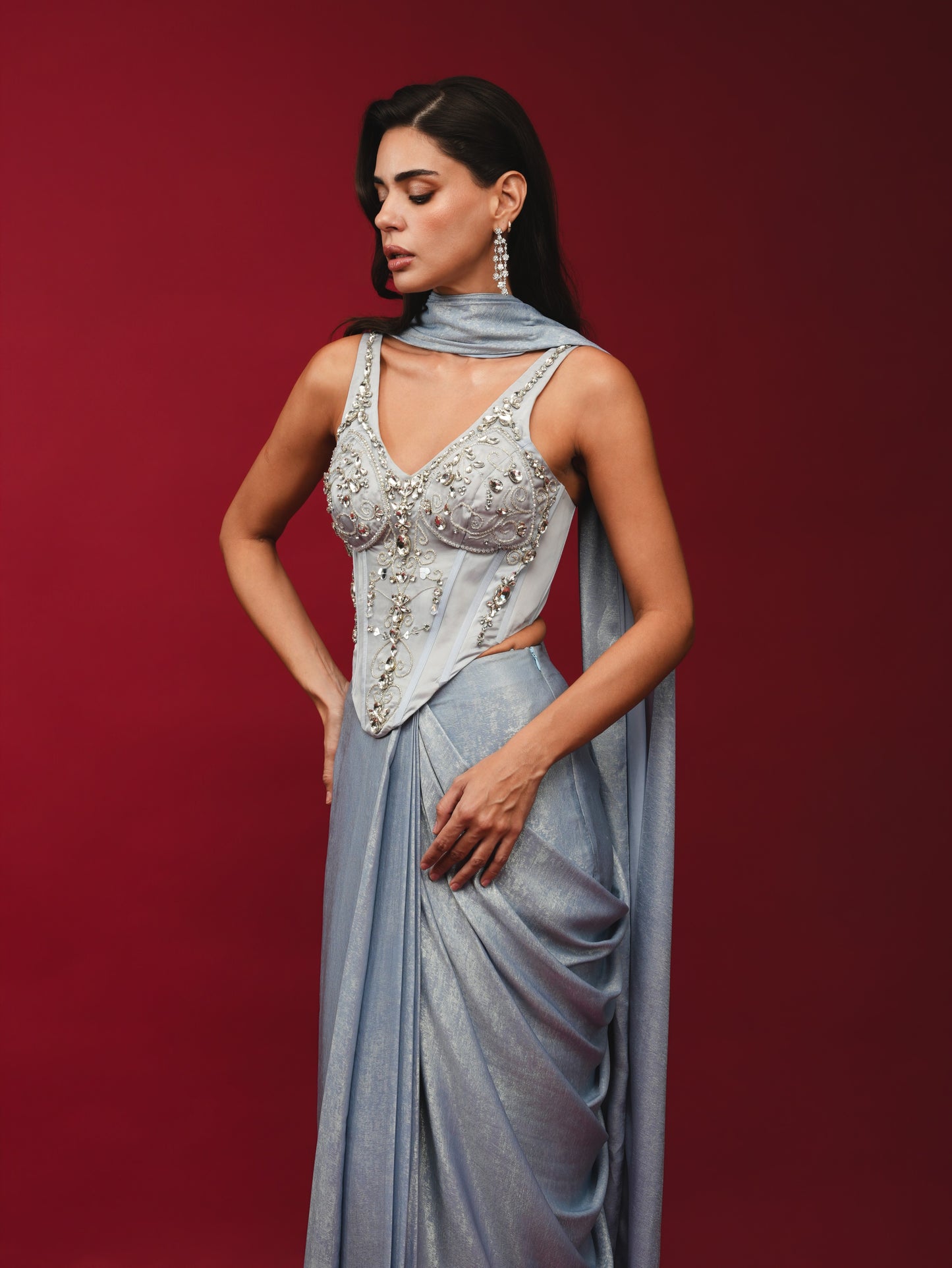 Ice Grey Pre-Draped Saree with Hand-Embroidered Corset