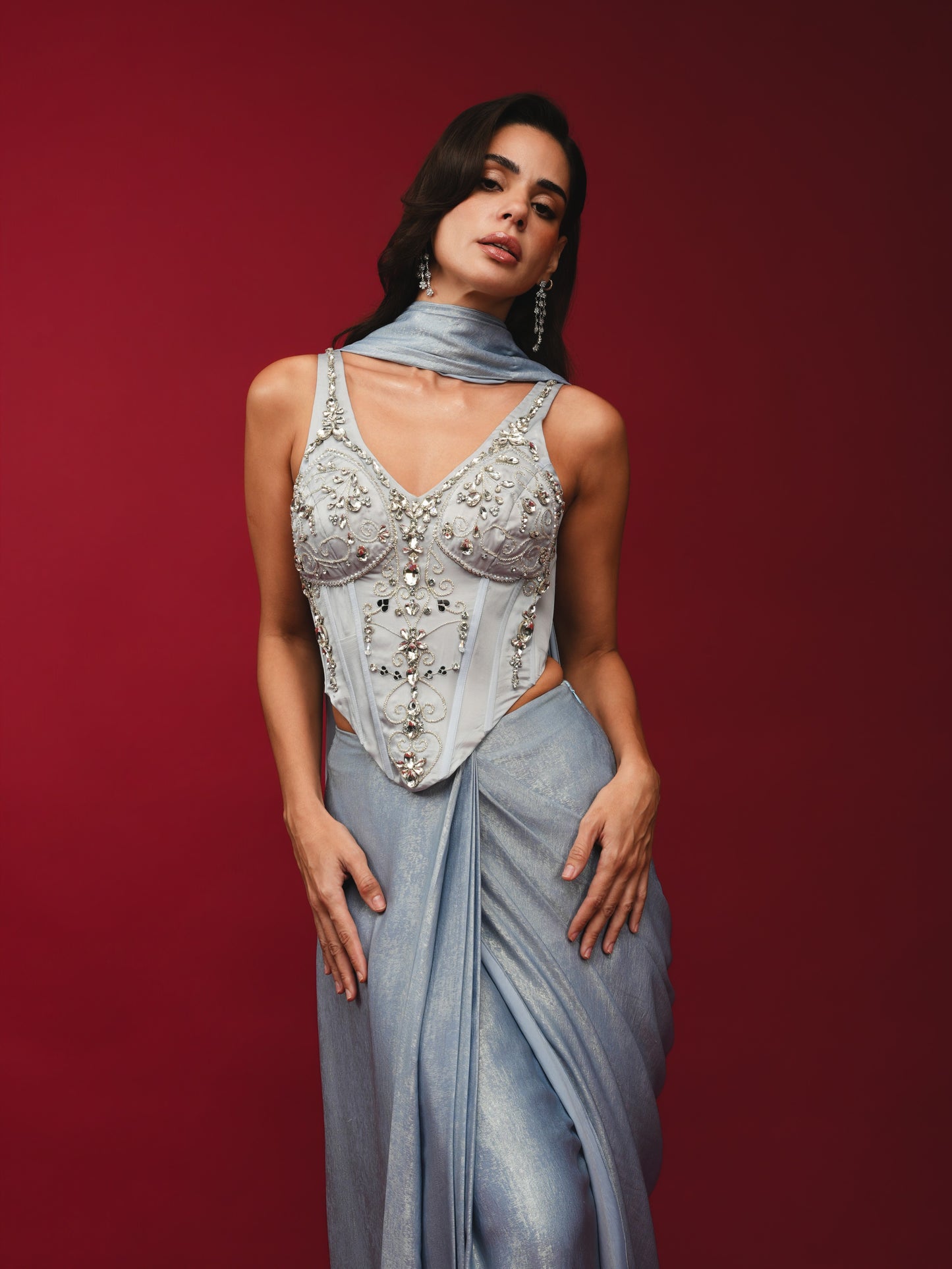 Ice Grey Pre-Draped Saree with Hand-Embroidered Corset