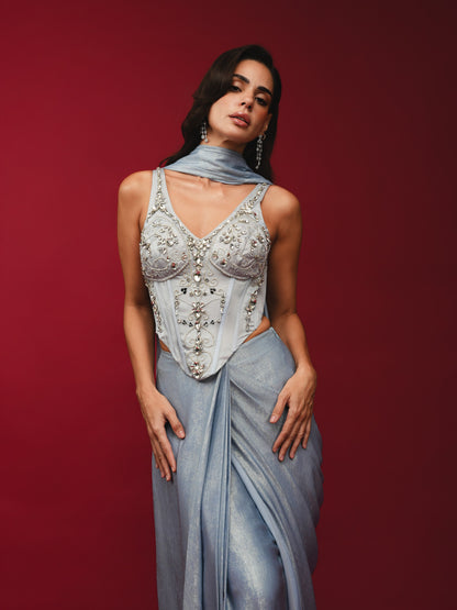 Ice Grey Pre-Draped Saree with Hand-Embroidered Corset