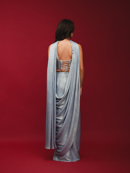 Ice Grey Pre-Draped Saree with Hand-Embroidered Corset