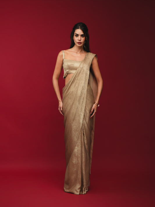 Gold Pre-Draped Saree with Embellished Bralette