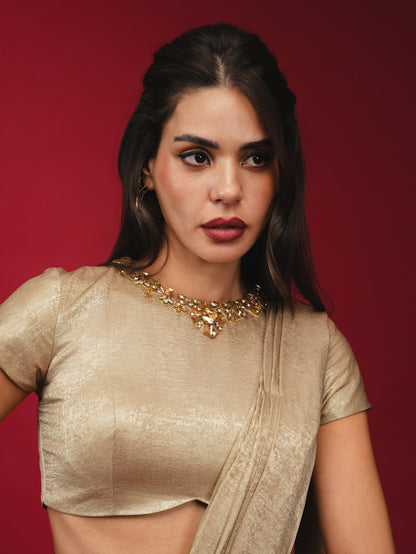 Gold Pre-Draped Saree with High-Neck Blouse