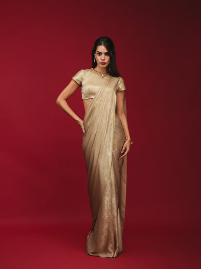 Gold Pre-Draped Saree with High-Neck Blouse