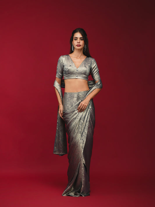 Midnight Blue Pre-Draped Saree with Hand-Embroidered V Neck Blouse