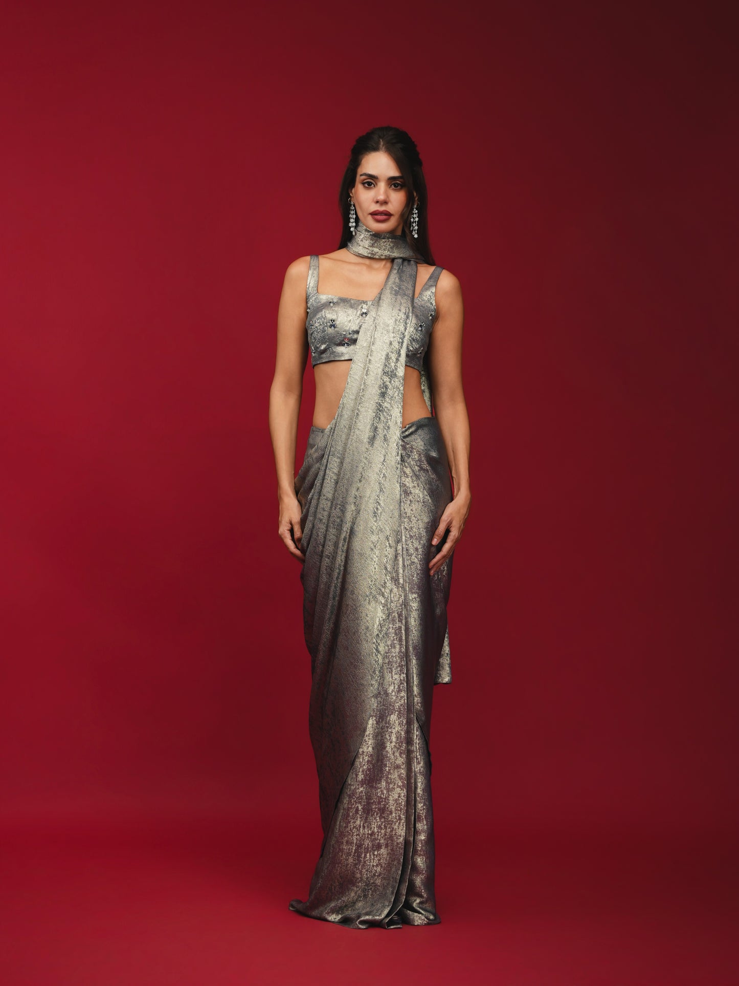 Midnight Blue Pre-Draped Saree with Hand-Embroidered Bralette