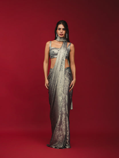 Midnight Blue Pre-Draped Saree with Hand-Embroidered Bralette