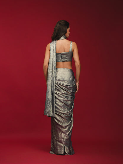 Midnight Blue Pre-Draped Saree with Hand-Embroidered Bralette