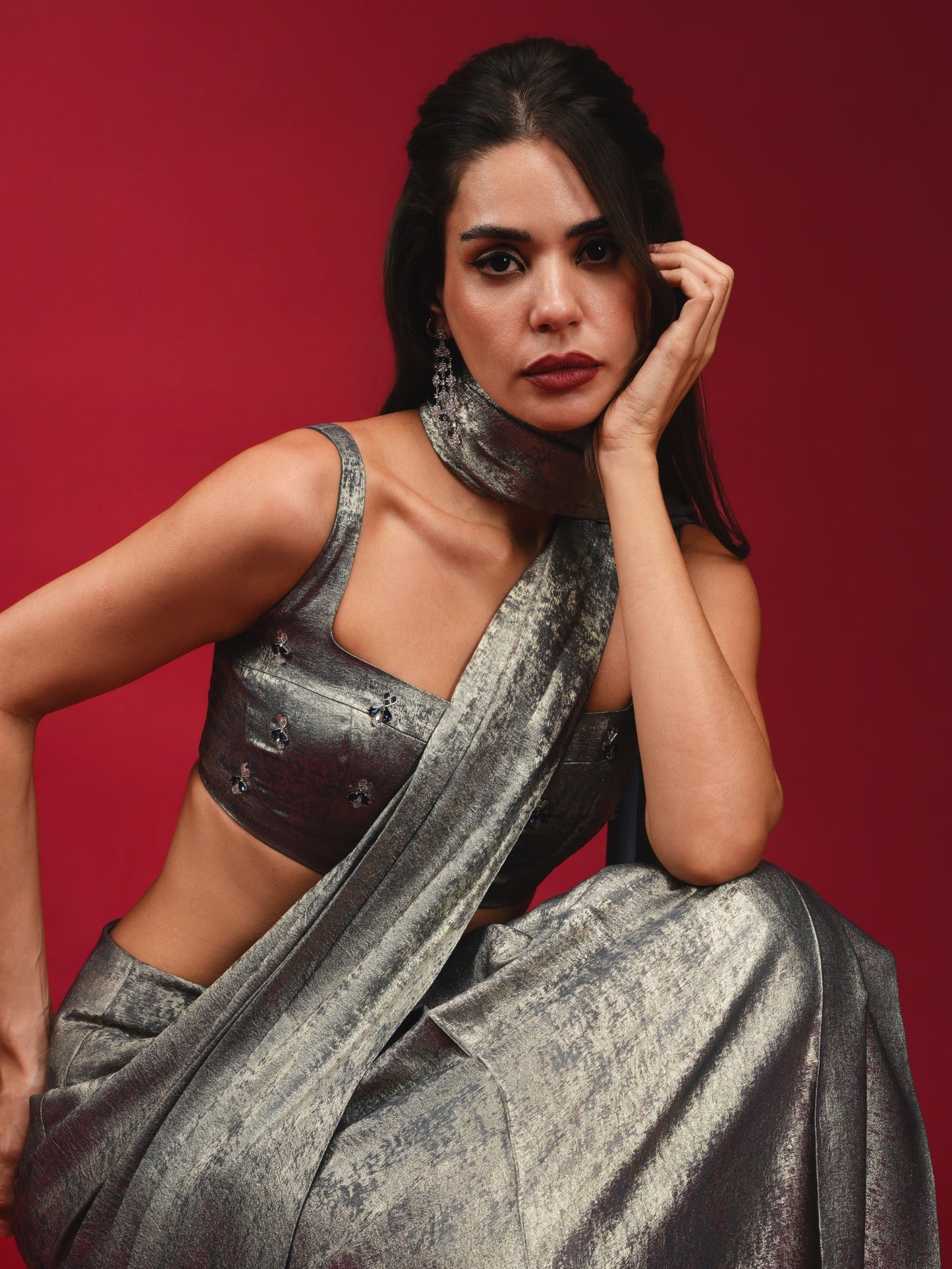 Midnight Blue Pre-Draped Saree with Hand-Embroidered Bralette