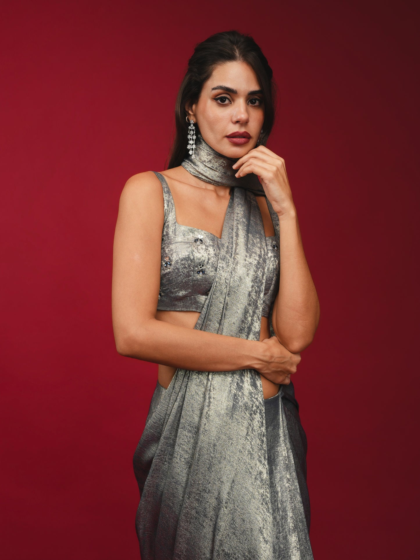 Midnight Blue Pre-Draped Saree with Hand-Embroidered Bralette